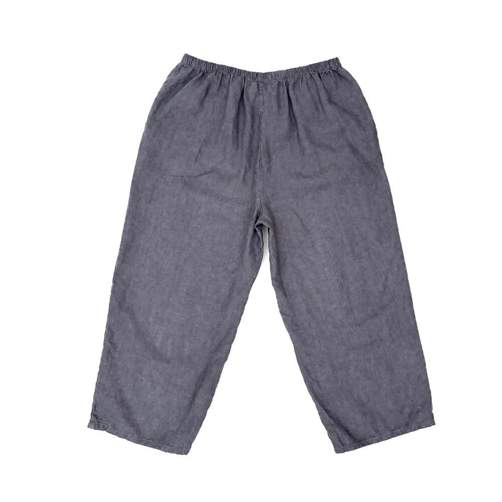 FLAX Linen Pants Women’s L Gray Wide Leg Pull On Elastic Waist Lagenlook